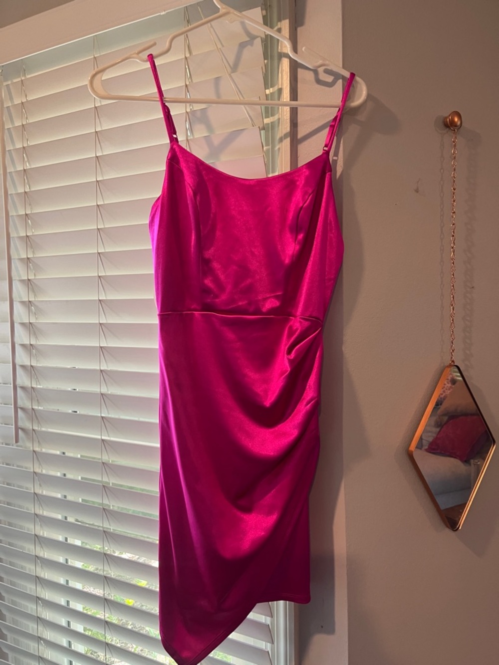 Satin Fuchsia Asymmetrical Mini Slip Dress - Unbranded